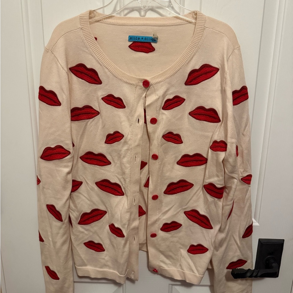 Alice + Olivia Beige Cardigan with Red Lips